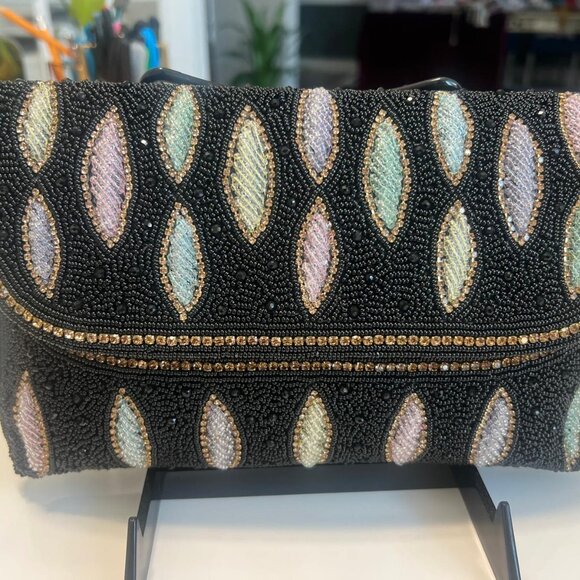 Hand-Beaded Black Clutch Bag | Elegant Pastel Sequin & Beadwork Evening Purse - Picture 1 of 2